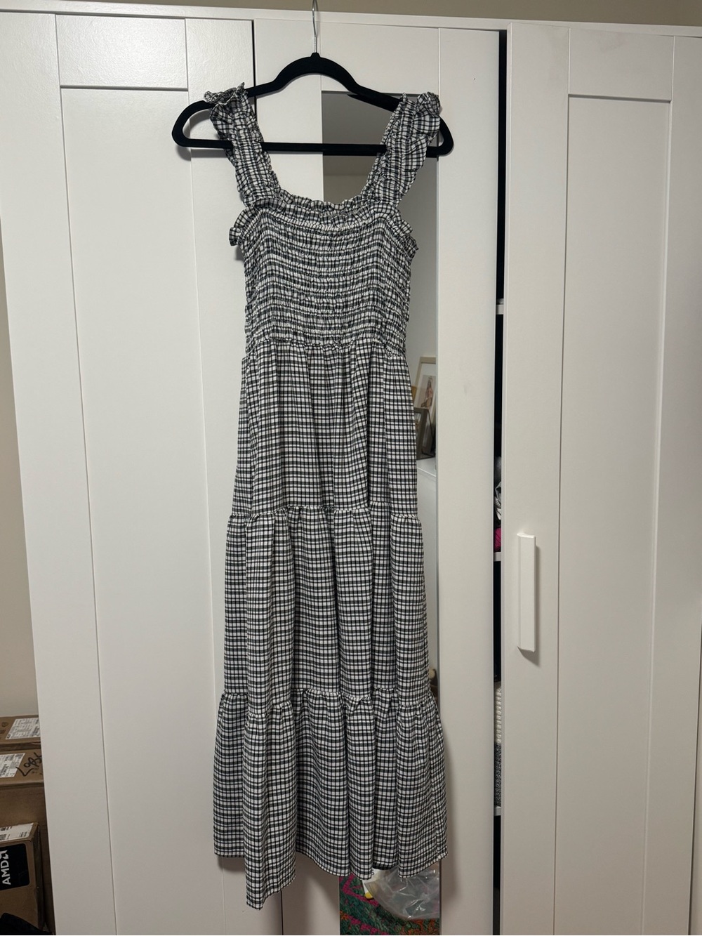 She + Sky Black and White Gingham Smocked Maxi Dress